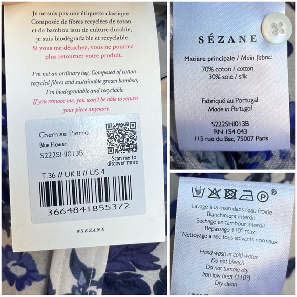 SEZANE NWT Blue & White Floral Printed Lightweight Silk Button Down Pierro Shirt - Picture 14 of 15